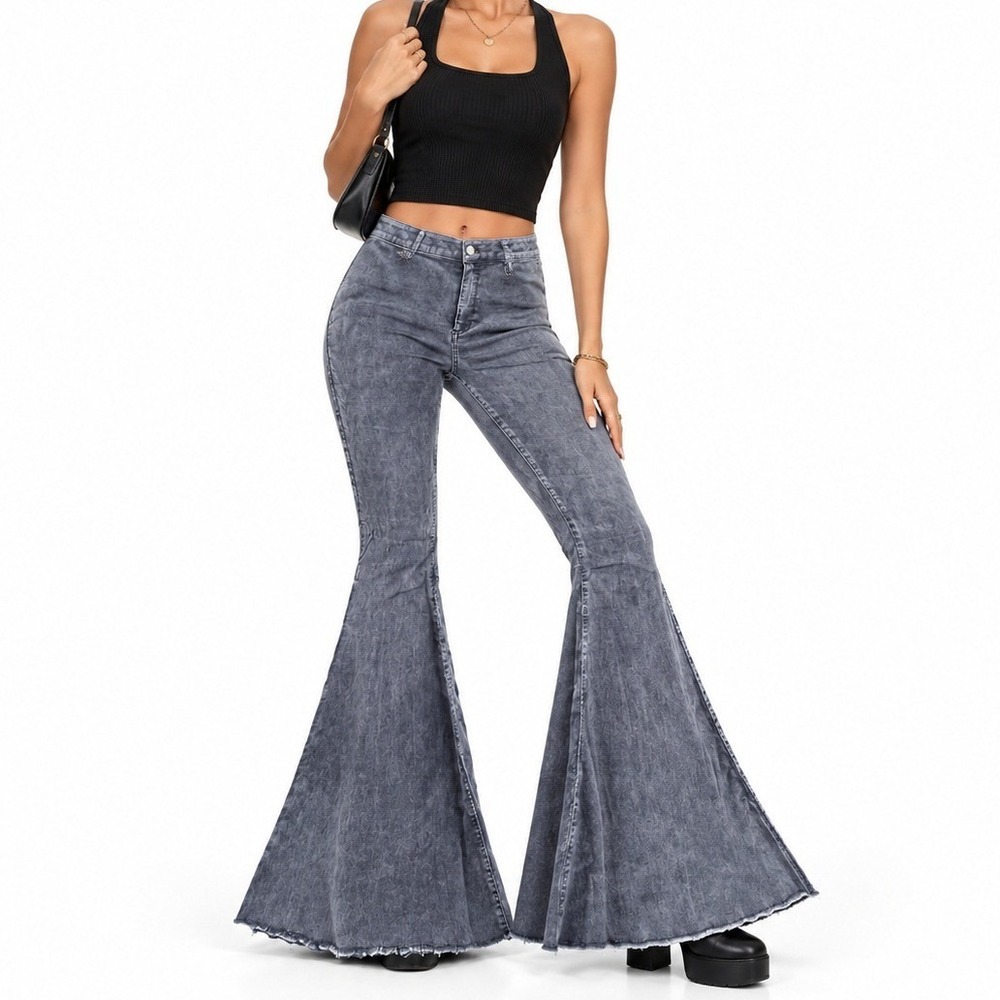 Versona Bell Bottom Pants Womens 6 Gray Corduroy High Rise Frayed Hem Boho Flare